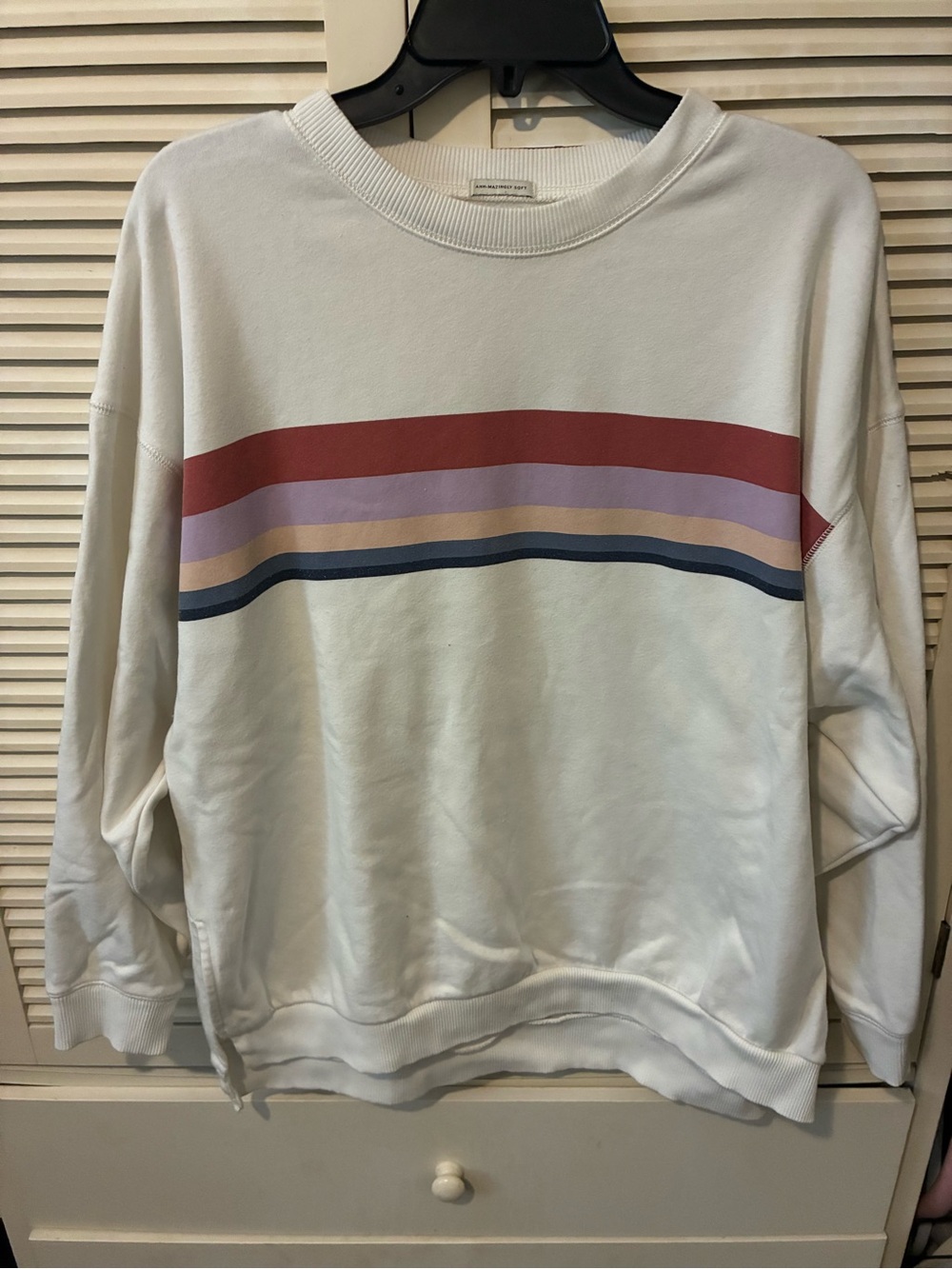 Men's White Crewneck Sweater with Multi-Color Stripes